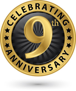 Celebrating 9th anniversary gold label, vector illustration