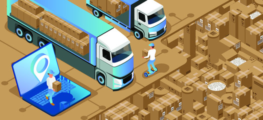 Illustration of online order for delivery of goods from the laptop. Transportation by drone, truck or car. Coordination of delivering over the Internet. isometric 3d