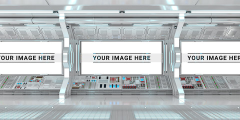 White spaceship interior with large window view 3D rendering