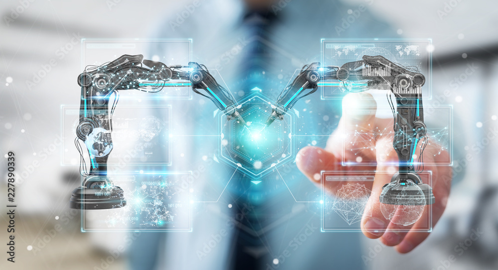 Poster businessman using robotics arms with digital screen 3d rendering