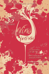 Vector illustration with wine glass and grapes in grunge style for wine list on grunge background. Poster with alcoholic beverages and leaves pattern. Wine fest. Vector EPS 10.