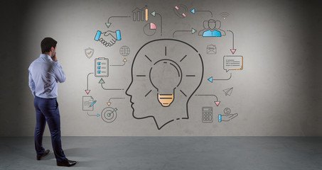 Businessman watching thin line icon project plan presentation