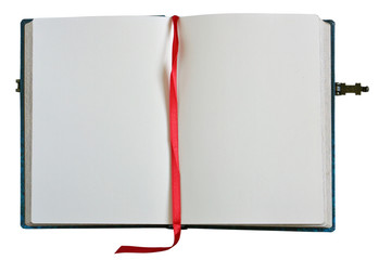 Open old retro book with blank pages,  blue cover and metal clasp. Isolated