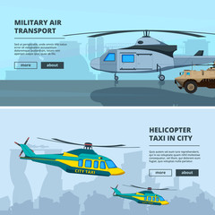 Banners with helicopters. Design template of horizontal banners with pictures of helicopters. Helicopter military army, transportation aviation illustration