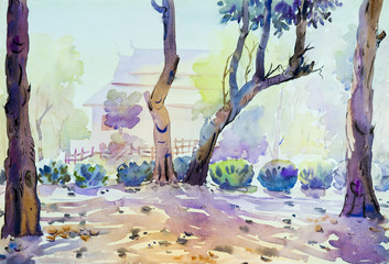 Watercolor painting original landscape of garden tree flowers