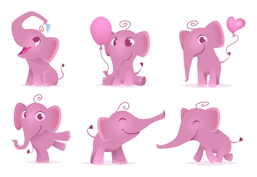 Adorable elephants. Cute and funny happy african baby animals love emotions vector cartoon characters isolated. Illustration of elephant character, adorable and smile pink