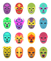 Lucha libre mask. Martial wrestler fighter clothes sport uniform colored masks vector colored icon. Illustration of mask wrestling, latino mexican costume luchador