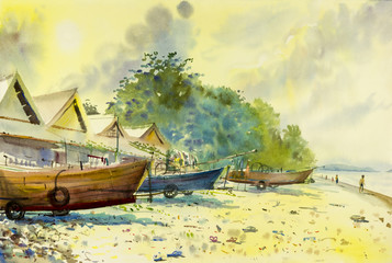 Plakaty  Painting  of fishing boat on the beach and holiday family