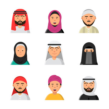 Arab avatars. Islam muslim portraits of male and female hijab niqab vector flat icons for web. Muslim portrait avatar, arab male and female illustration
