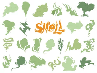 Fotobehang Bad smell. Steam smoke clouds of cigarettes or expired old food vector cooking cartoon icons. Illustration of smell vapor, cloud green aroma © ONYXprj
