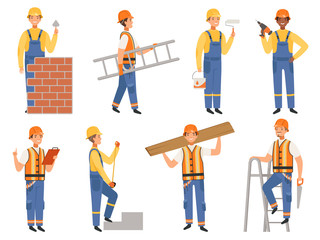 Builder cartoon character. Funny mascots of engineer or constructor in various action pose vector people. Builder man, worker occupation bricklayer and carpenter illustration