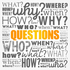 Questions whose answers are considered basic in information gathering or problem solving, word cloud background