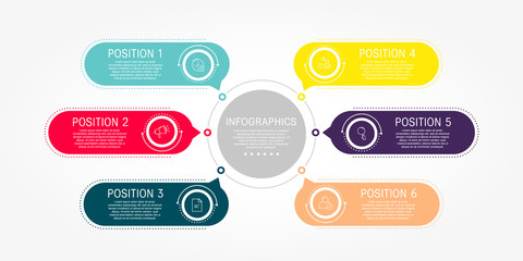 Modern flat vector illustration. Template of circular infographics with six elements, rectangles. Contains text and icons. Designed for business, presentations, web design, diagrams with 6 steps