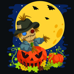 Fototapeta premium Scarecrow In a Full Moon Behind Pumpkins