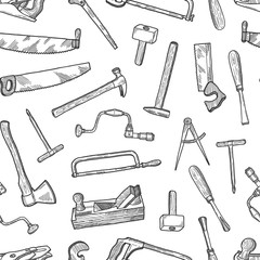 Vector hand drawn carpentry elements pattern or background illustration. Carpentry pattern with hand instrument, hammer and cutter
