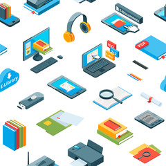 Vector isometric online education icons pattern or background illustration. Learning and training, online teaching