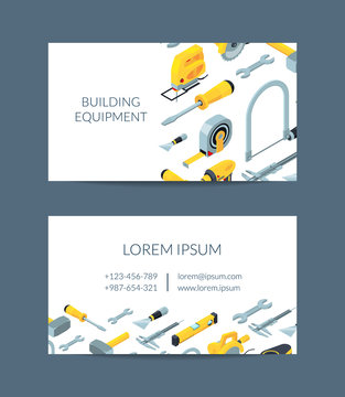 Vector construction tools isometric icons business card template for hardware store illustration. Company instrument for construction and repair