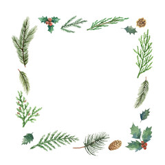 Fototapeta na wymiar Watercolor vector Christmas frame with fir branches and place for text.