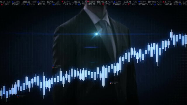 Businessman touched screen, various animated Stock Market charts and graphs. increase blue digital chart. 4k animation.1.