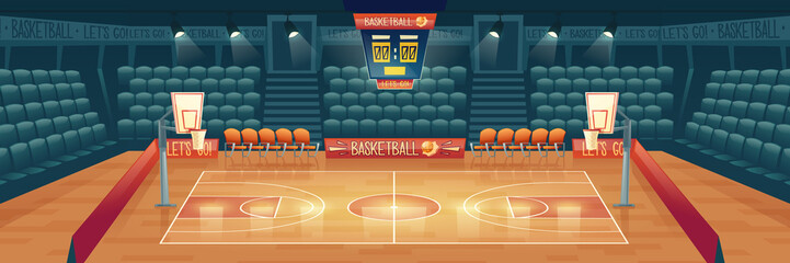 Vector cartoon background of empty basketball court. Interior of sports arena with spotlights, seats and place for sports game. Playground for competition, championship. Space for viewers, fan sector.