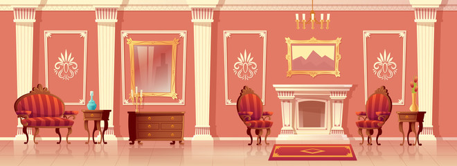Vector cartoon illustration of luxury living room with fireplace, ballroom or hallway with pilasters in royal palace. Rich interior with furniture in baroque or rococo style. Fairytale game background © vectorpocket