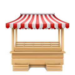 Vector realistic illustration of empty market stall with red and white striped awning isolated on background. Mockup of wooden counter with canopy for street trading, retail stand for grocery goods
