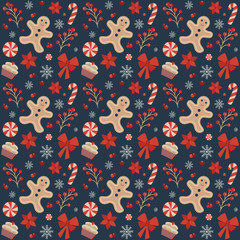 Christmas seamless pattern with gingerbread mans, snowflakes, candy canes, berries, flowers and sweets on dark background. Vintage decorative Xmas ornament for fabric and gift wrapping paper.