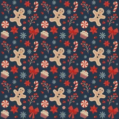 Behang Kerst naadloze patroon met peperkoek mans, sneeuwvlokken, zuurstokken, bessen, bloemen en snoep op donkere achtergrond. Vintage decoratief kerstornament voor stof en cadeaupapier. © krugli
