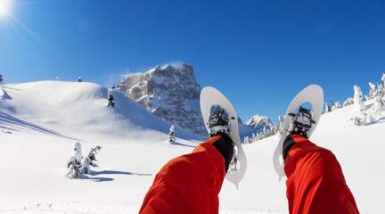 Fototapeta na wymiar Detail of snowshoe hiker legs ready for walking