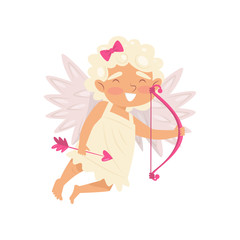 Adorable cupid flying with pink bow and arrows. Little angel of love. Smiling baby girl with wings. Flat vector design