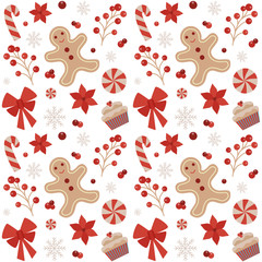 Stoffe zum Nähen Christmas seamless pattern with gingerbread mans, snowflakes, candy canes, berries, flowers and sweets on white background. Vintage decorative Xmas ornament for fabric and gift wrapping paper.