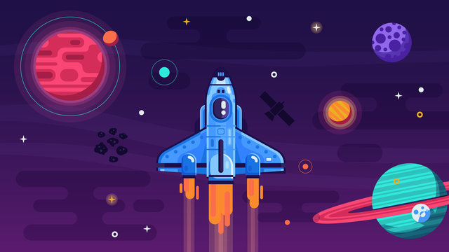 Space shuttle flying in galaxy with planets and stars. Discovering new horizon spacecraft concept illustration. Cosmos exploration poster or banner with rocket ship. Spaceship soars on solar system.