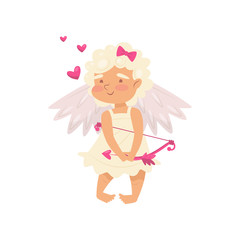Cartoon character of shy little angel. Cupid with white wings. Baby girl with pink bow and arrows. Flat vector icon