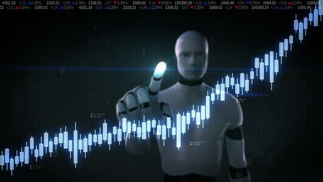 Robot cyborg touched screen, various animated Stock Market charts and graphs. increase line.Artificial Intelligence. 4k animation.1.