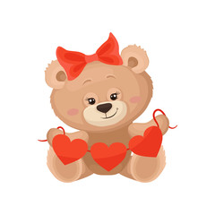 Girly teddy bear with red bow on head holding Valentine s heart garland. Flat vector for greeting postcard or baby shower poster