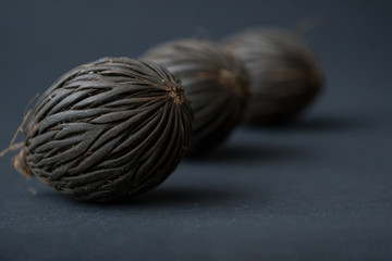 Among these exotic Foxtail palm seeds. Wodyetia bifurcata. Black, brown amazing seeds on black background