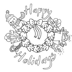 Black and wite wreath for Christmas in cute cartoons style