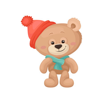 Adorable teddy bear with pink cheeks and shiny eyes wearing warm hat and scarf. Plush children toy. Flat vector design