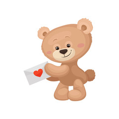 Cute brown teddy bear with pink cheeks and shiny eyes holding love mail with red heart. Flat vector for poster or greeting card