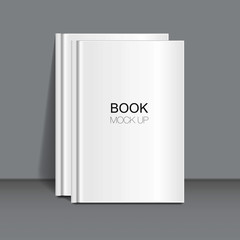 Vector mock up of white blank book cover isolated on grey background. Realistic closed vertical books, magazine or notebook template for your design. In front side of book.