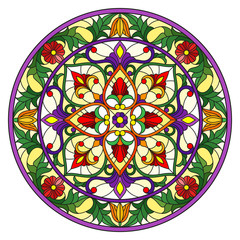 Illustration in stained glass style, round mirror image with floral ornaments and swirls,bright flowers on yellow background