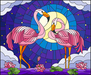 Illustration in stained glass style with pair of Flamingo , Lotus flowers and reeds on a pond in the moon, starry sky and clouds