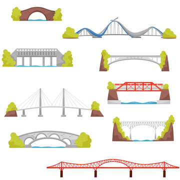 Flat vector set of stone, brick and metal bridges. City construction elements. Architecture theme