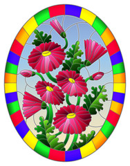 Illustration in stained glass style with a bouquet of pink daisys on a blue sky background in a bright frame, oval image