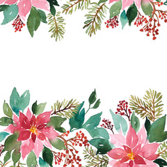 Watercolor Christmas arrangement of evergeen plants. Poinsettia, spruce and red berries