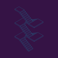 Staircase with platforms. Vector outline illustration. Isometric projection