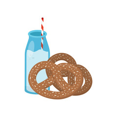 Tasty pretzels and bottle of fresh milk with drinking straw. Christmas food and drink. Flat vector design