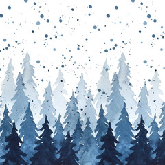 Watercolor indigo blue pine trees and snowfall. Christmas and New Year illustration