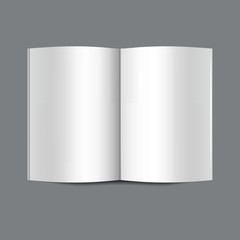 Vector mock up of open white blank book isolated on grey background. Horizontal realistic magazine, booklet, brochure or notebook template for your design. In front side of book.