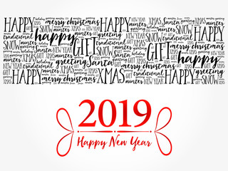 2019 Happy New Year. Christmas background word cloud, holidays lettering collage